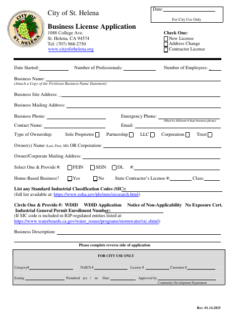 First page of the Business License Application