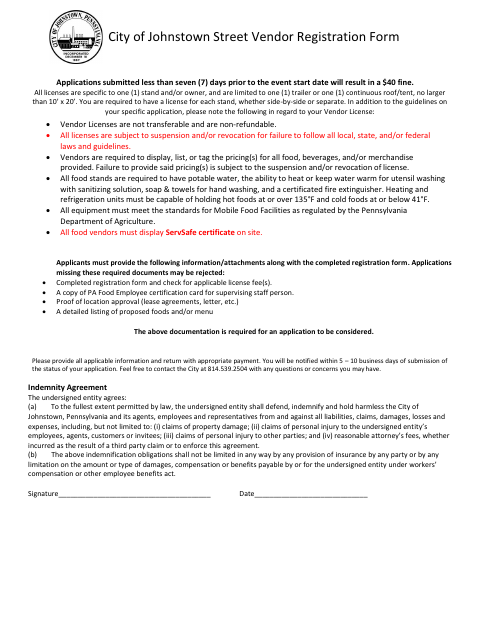 First page of the Street Vendor Registration Form