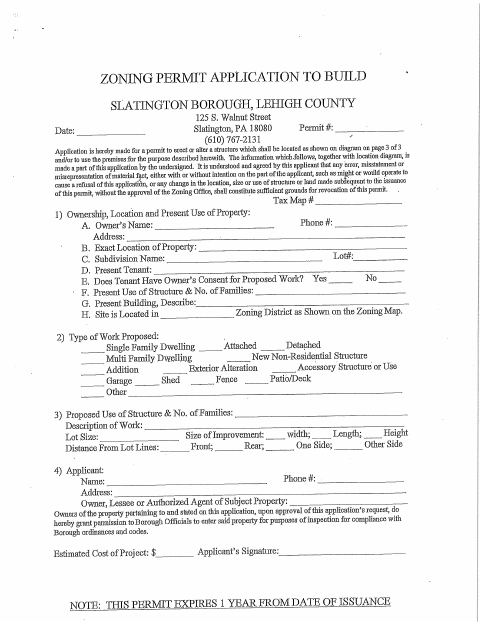 First page of the Zoning Permit Application to Build