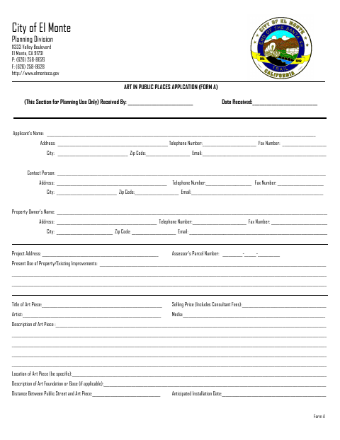 First page of the Art in Public Places Application (Form A)