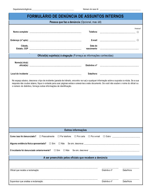 First page of the Internal Affairs Complaint Form