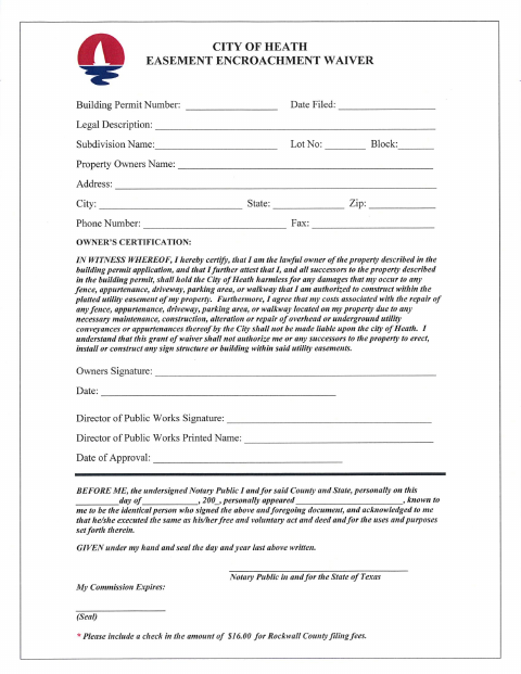 First page of the Easement Encroachment Waiver