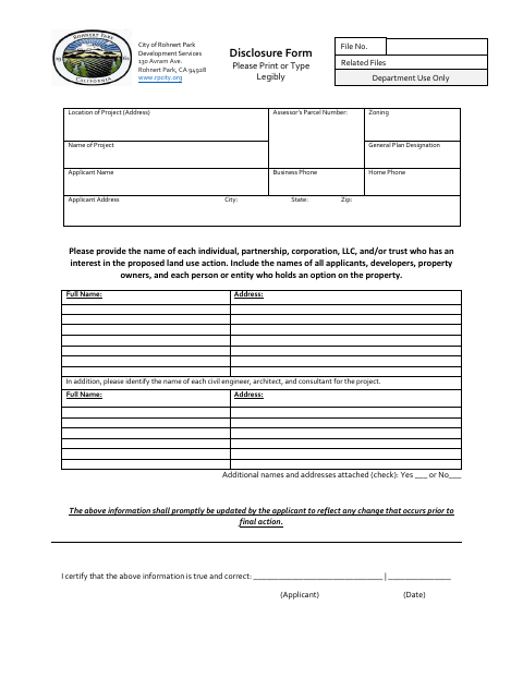 First page of the Disclosure Form