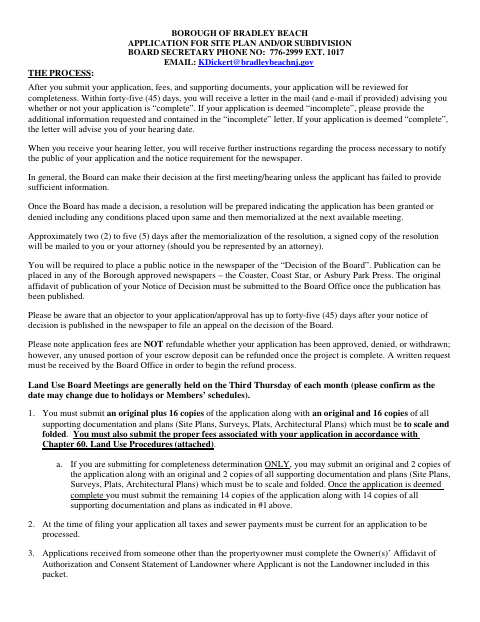 First page of the Site Plan and Subdivision Application