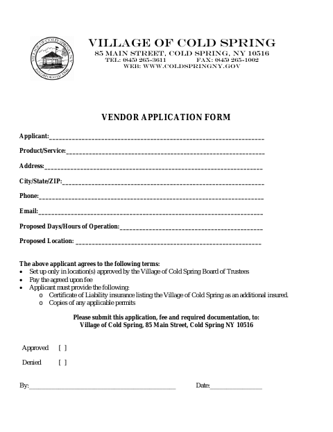 First page of the Vendor Application Form
