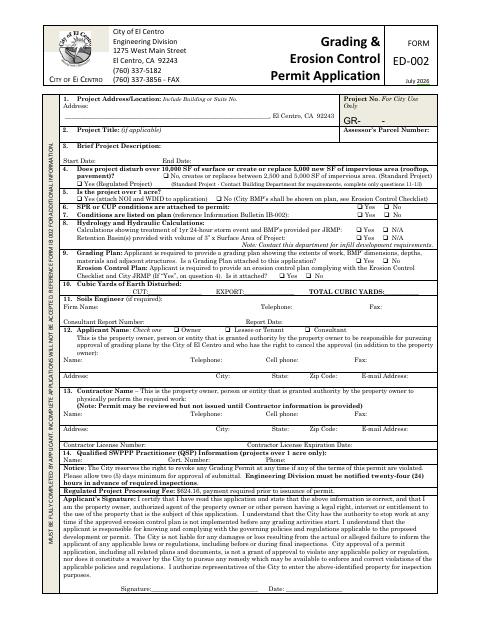 First page of the Grading & Erosion Control Permit Application