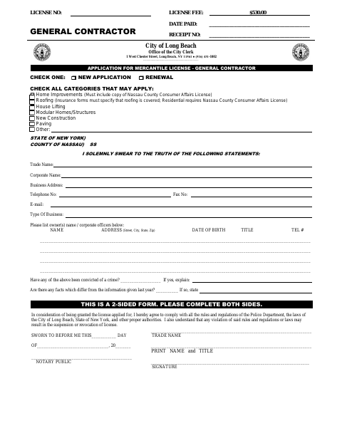 First page of the Application for Mercantile License – General Contractor
