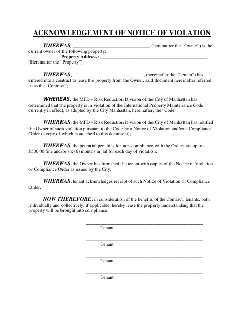 First page of the Tenant Acceptance of Responsibility
