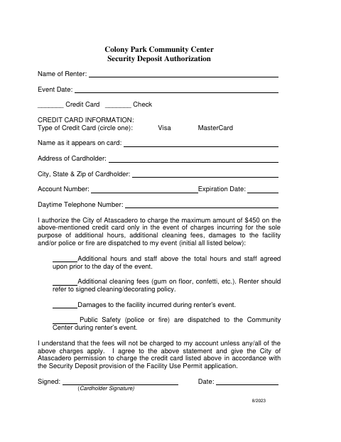 First page of the Colony Park Community Center Security Deposit Authorization