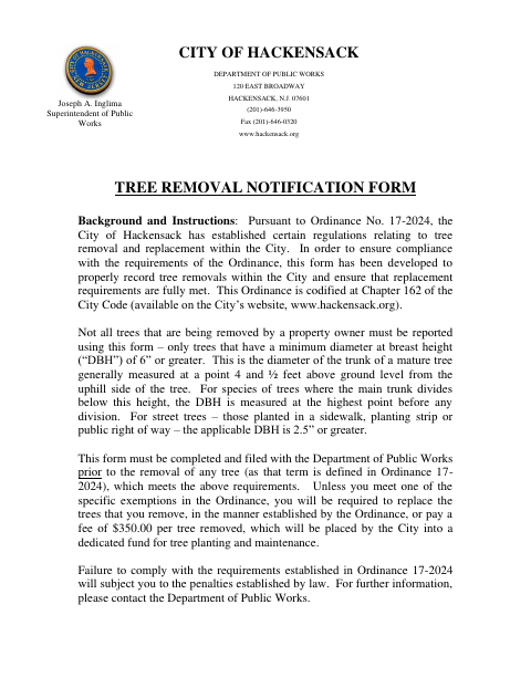 First page of the Tree Removal Notification Form