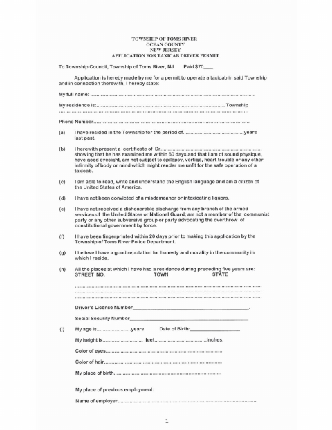 First page of the Taxicab Driver Permit Application
