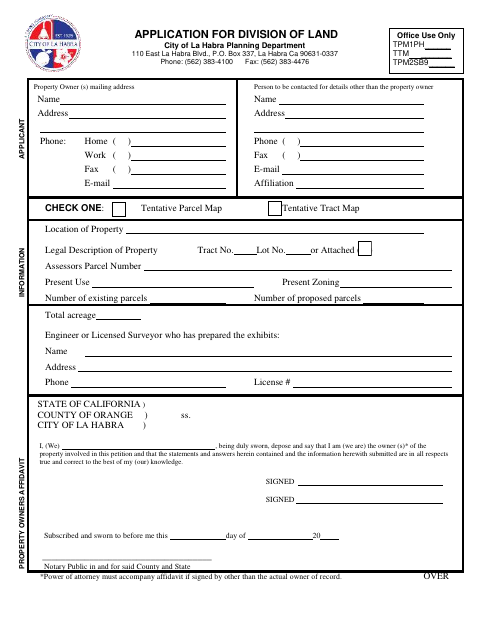 First page of the Application For Division Of Land