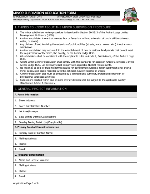 First page of the Minor Subdivision Application Form