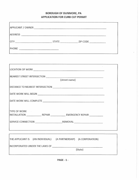 First page of the Curb Cut Permit