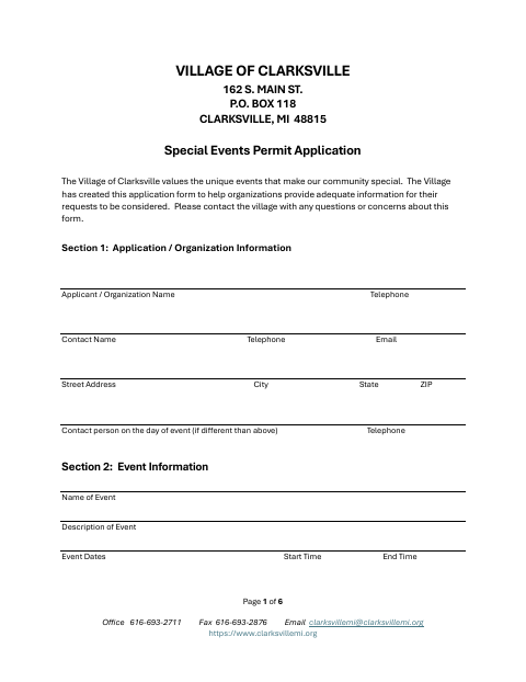 First page of the Special Events Permit Application
