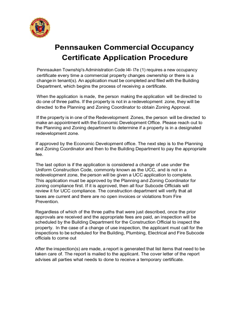 First page of the Commercial Occupancy Certificate Application