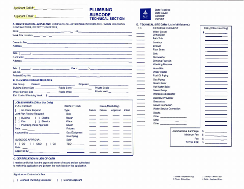 First page of the Plumbing Subcode Application