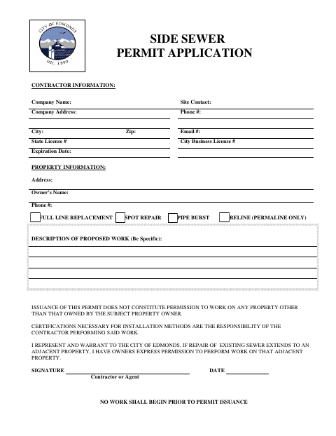 First page of the Side Sewer Permit Application
