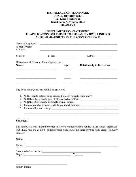 First page of the Mother-Daughter/Father-Son Residence Application Supplement