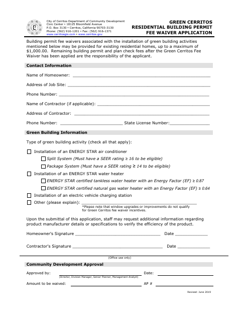 First page of the Green Cerritos Residential Building Permit Fee Waiver Application
