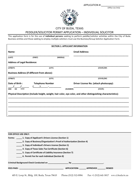 First page of the Peddler/Solicitor Permit Application – Individual Solicitor