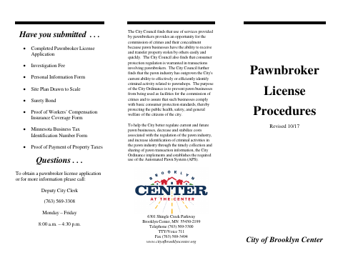 First page of the Pawnbroker License Application