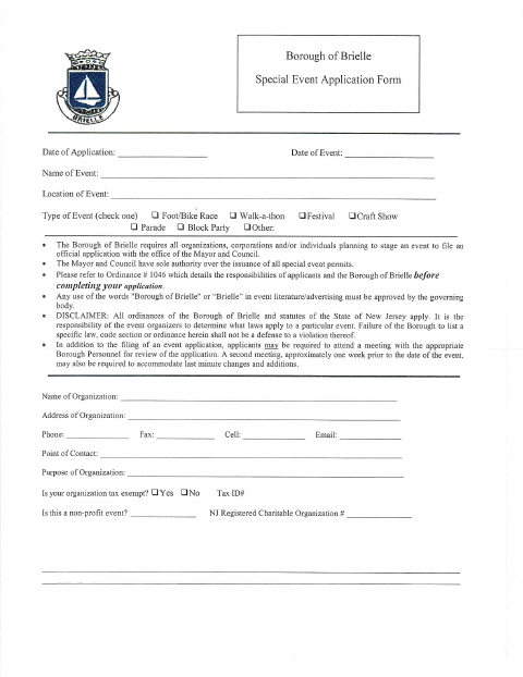First page of the Special Event Permit Application
