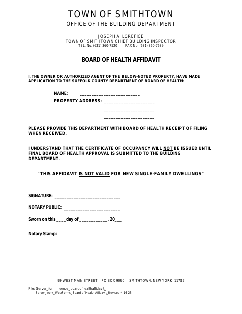 First page of the Board of Health Affidavit