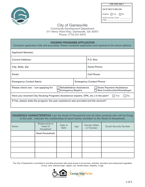 First page of the Housing Programs Application
