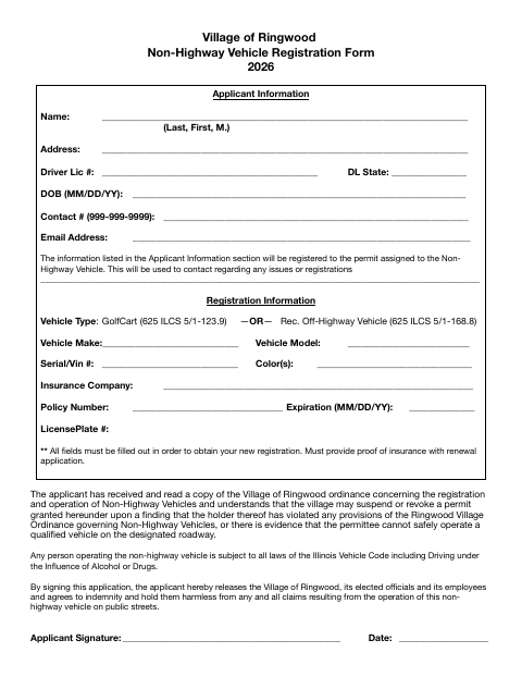 First page of the Non-Highway Vehicle Registration Form 2026