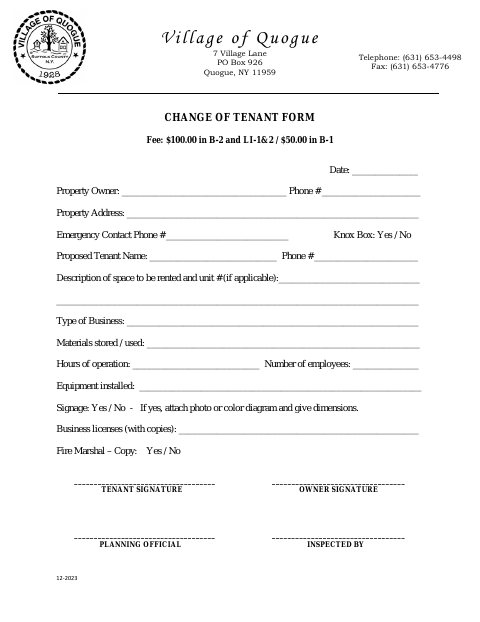 First page of the Change of Tenant Form