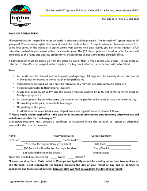 First page of the Pavilion Rental Form