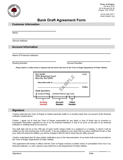 First page of the Bank Draft Agreement Form