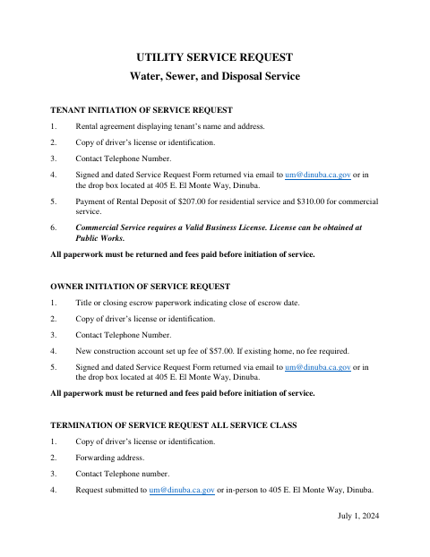 First page of the Utility Service Request