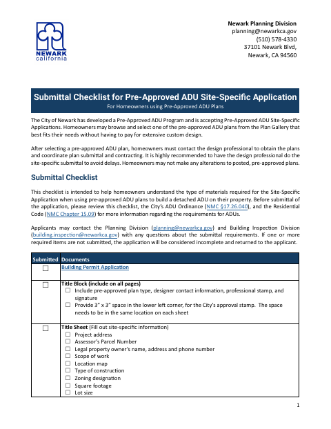 First page of the Pre-Approved ADU Site-Specific Application Checklist