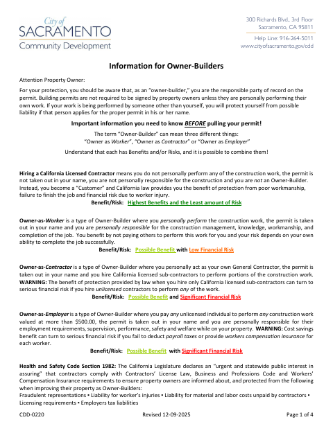 First page of the Owner-Builder Acknowledgment and Information Verification Form