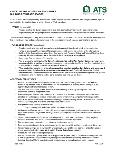 First page of the Checklist for Accessory Structures Building Permit Application