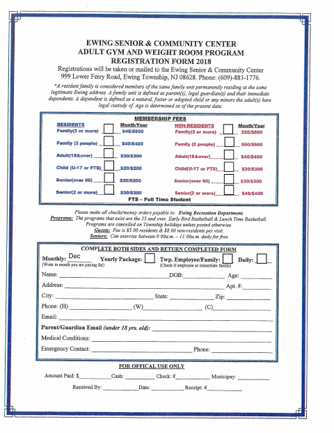 First page of the Adult Gym and Weight Room Program Registration Form