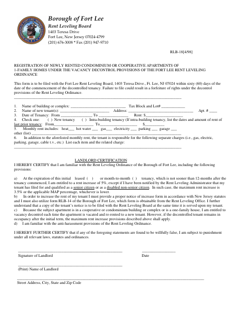 First page of the Registration of Newly Rented Condominium, Cooperative Apartment, or 1-Family Home