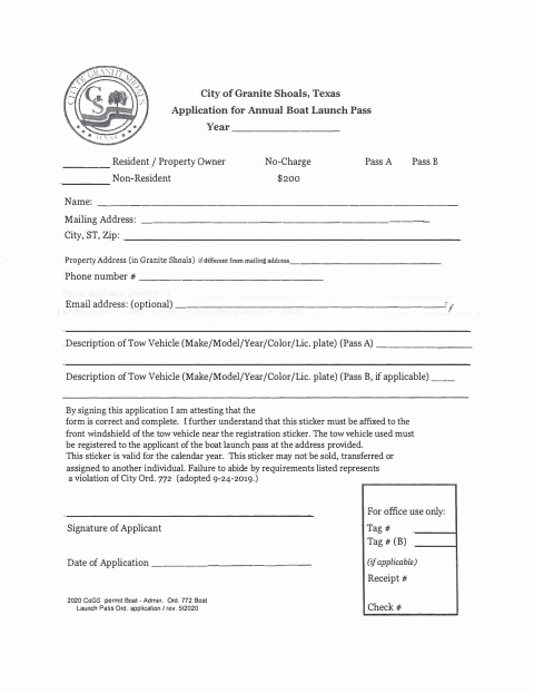 First page of the Application for Annual Boat Launch Pass