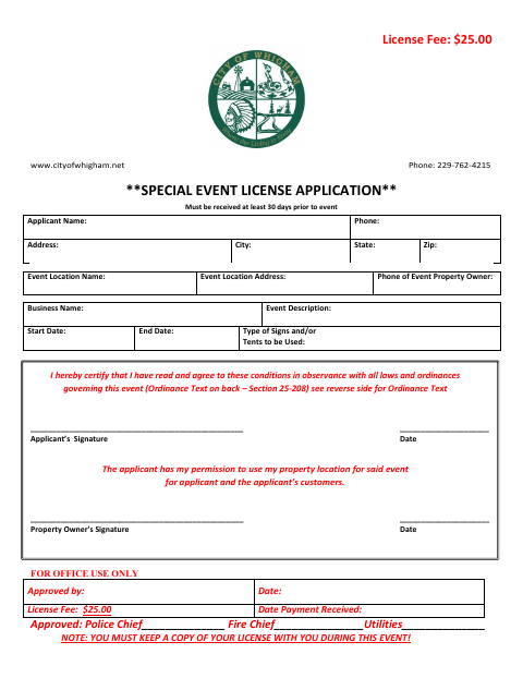 First page of the Special Event License Application