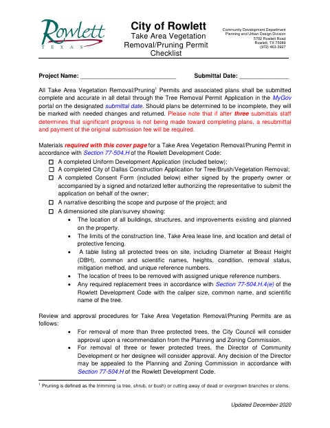 First page of the Take Area Vegetation Removal/Pruning Permit Checklist