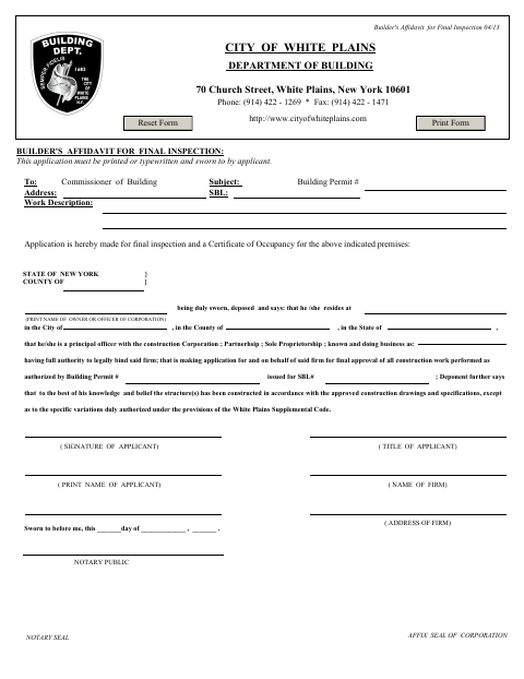 First page of the Builder's Affidavit for Final Inspection