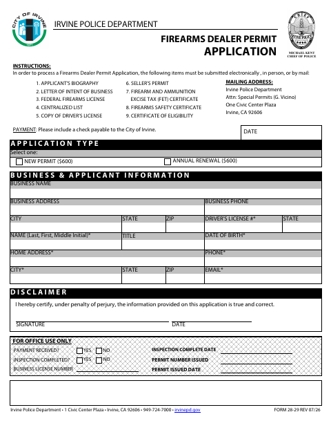 First page of the Firearms Dealer Permit Application