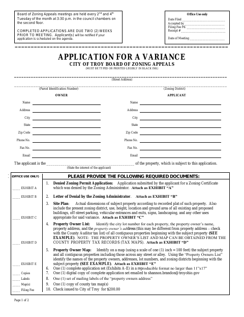 First page of the Application for a Variance