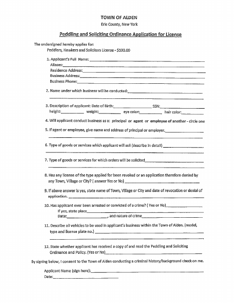 First page of the Peddling and Soliciting Ordinance Application for License