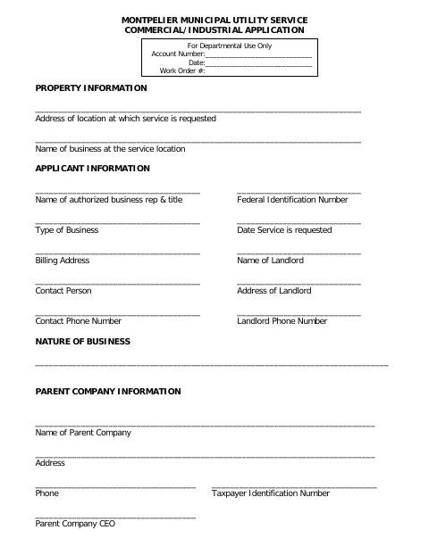 First page of the Utility Service Commercial/Industrial Application