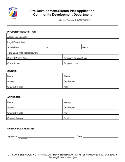 First page of the Pre-Development/Sketch Plat Application