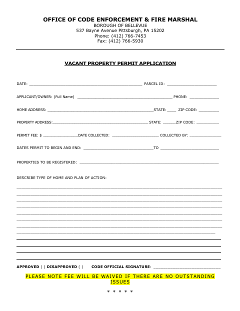 First page of the Vacant Property Permit Application