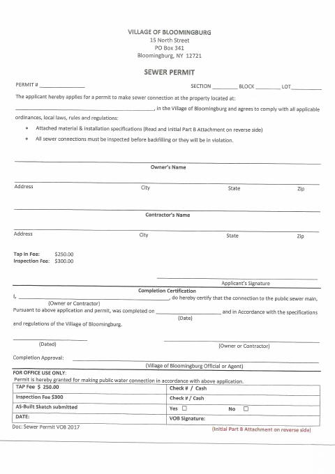 First page of the Sewer Permit Application